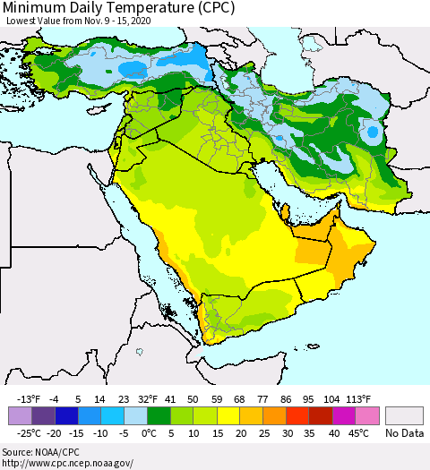 Middle East and Turkey Minimum Daily Temperature (CPC) Thematic Map For 11/9/2020 - 11/15/2020