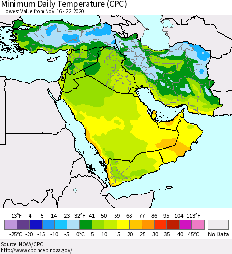 Middle East and Turkey Minimum Daily Temperature (CPC) Thematic Map For 11/16/2020 - 11/22/2020
