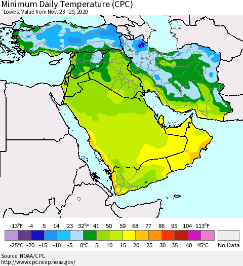 Middle East and Turkey Minimum Daily Temperature (CPC) Thematic Map For 11/23/2020 - 11/29/2020