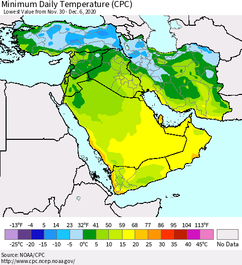 Middle East and Turkey Minimum Daily Temperature (CPC) Thematic Map For 11/30/2020 - 12/6/2020