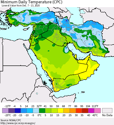 Middle East and Turkey Minimum Daily Temperature (CPC) Thematic Map For 12/7/2020 - 12/13/2020