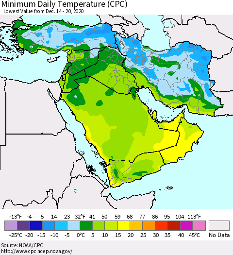Middle East and Turkey Minimum Daily Temperature (CPC) Thematic Map For 12/14/2020 - 12/20/2020