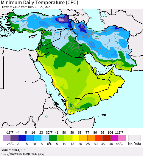 Middle East and Turkey Minimum Daily Temperature (CPC) Thematic Map For 12/21/2020 - 12/27/2020