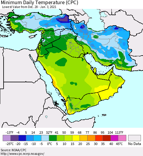 Middle East and Turkey Minimum Daily Temperature (CPC) Thematic Map For 12/28/2020 - 1/3/2021
