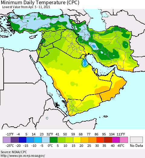 Middle East and Turkey Minimum Daily Temperature (CPC) Thematic Map For 4/5/2021 - 4/11/2021