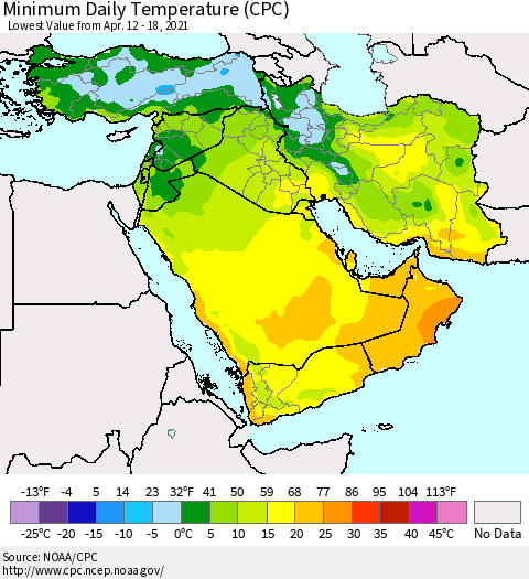 Middle East and Turkey Minimum Daily Temperature (CPC) Thematic Map For 4/12/2021 - 4/18/2021