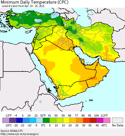Middle East and Turkey Minimum Daily Temperature (CPC) Thematic Map For 4/19/2021 - 4/25/2021