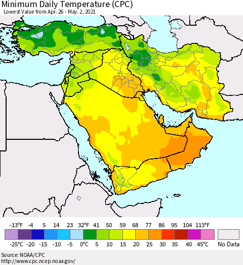 Middle East and Turkey Minimum Daily Temperature (CPC) Thematic Map For 4/26/2021 - 5/2/2021