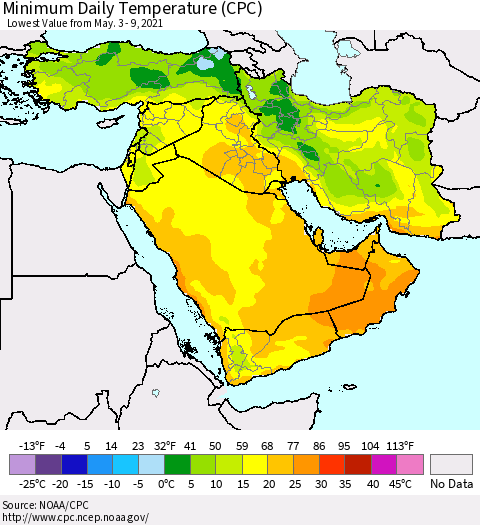 Middle East and Turkey Minimum Daily Temperature (CPC) Thematic Map For 5/3/2021 - 5/9/2021