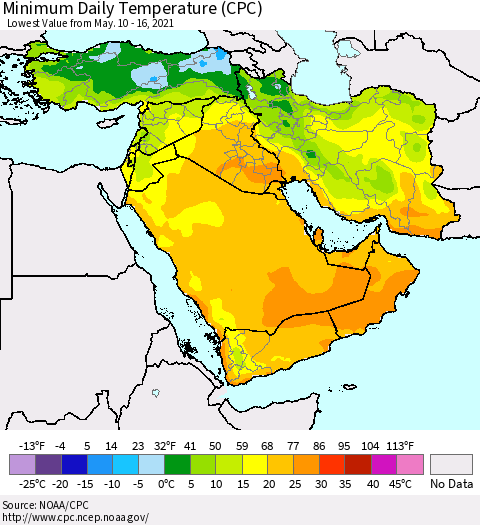 Middle East and Turkey Minimum Daily Temperature (CPC) Thematic Map For 5/10/2021 - 5/16/2021