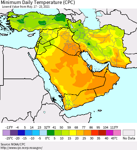 Middle East and Turkey Minimum Daily Temperature (CPC) Thematic Map For 5/17/2021 - 5/23/2021
