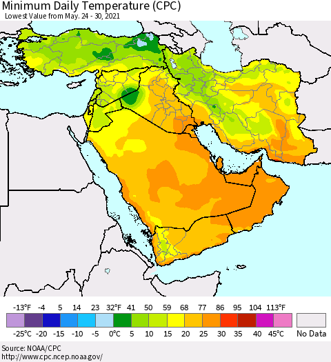 Middle East and Turkey Minimum Daily Temperature (CPC) Thematic Map For 5/24/2021 - 5/30/2021