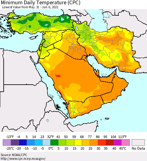 Middle East and Turkey Minimum Daily Temperature (CPC) Thematic Map For 5/31/2021 - 6/6/2021