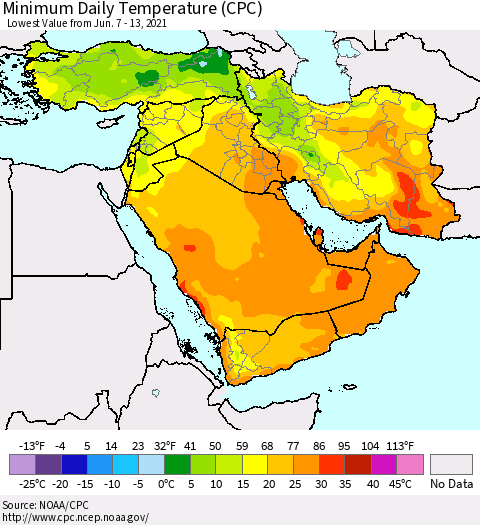 Middle East and Turkey Minimum Daily Temperature (CPC) Thematic Map For 6/7/2021 - 6/13/2021