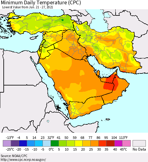 Middle East and Turkey Minimum Daily Temperature (CPC) Thematic Map For 6/21/2021 - 6/27/2021