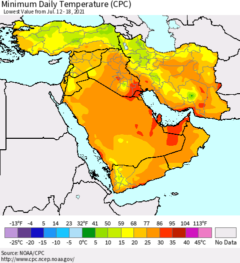 Middle East and Turkey Minimum Daily Temperature (CPC) Thematic Map For 7/12/2021 - 7/18/2021