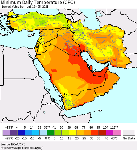 Middle East and Turkey Minimum Daily Temperature (CPC) Thematic Map For 7/19/2021 - 7/25/2021