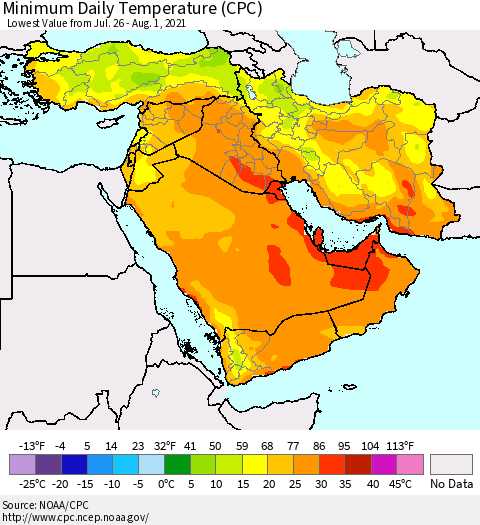 Middle East and Turkey Minimum Daily Temperature (CPC) Thematic Map For 7/26/2021 - 8/1/2021