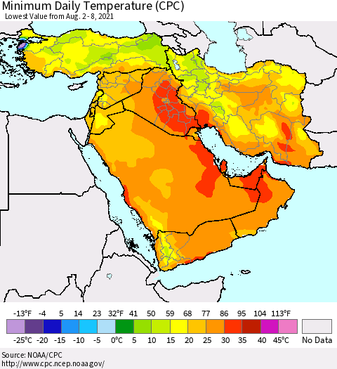 Middle East and Turkey Minimum Daily Temperature (CPC) Thematic Map For 8/2/2021 - 8/8/2021