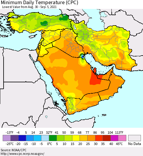 Middle East and Turkey Minimum Daily Temperature (CPC) Thematic Map For 8/30/2021 - 9/5/2021