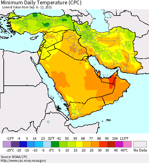 Middle East and Turkey Minimum Daily Temperature (CPC) Thematic Map For 9/6/2021 - 9/12/2021