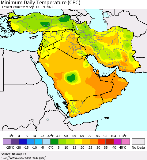 Middle East and Turkey Minimum Daily Temperature (CPC) Thematic Map For 9/13/2021 - 9/19/2021