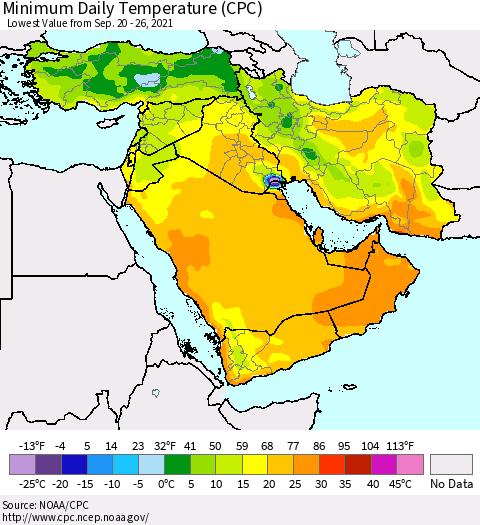 Middle East and Turkey Minimum Daily Temperature (CPC) Thematic Map For 9/20/2021 - 9/26/2021