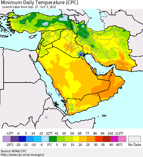 Middle East and Turkey Minimum Daily Temperature (CPC) Thematic Map For 9/27/2021 - 10/3/2021