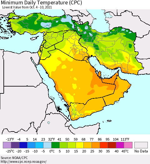 Middle East and Turkey Minimum Daily Temperature (CPC) Thematic Map For 10/4/2021 - 10/10/2021