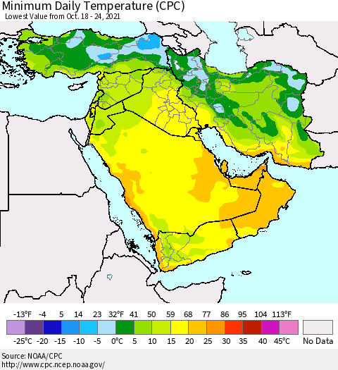 Middle East and Turkey Minimum Daily Temperature (CPC) Thematic Map For 10/18/2021 - 10/24/2021
