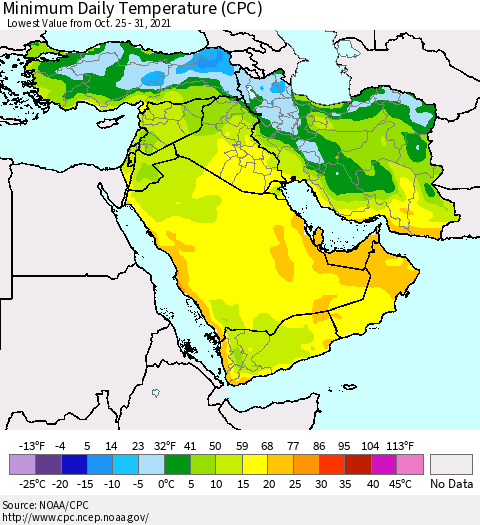 Middle East and Turkey Minimum Daily Temperature (CPC) Thematic Map For 10/25/2021 - 10/31/2021