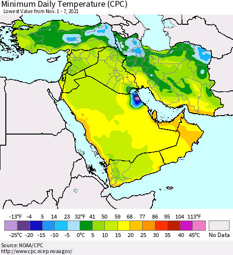 Middle East and Turkey Minimum Daily Temperature (CPC) Thematic Map For 11/1/2021 - 11/7/2021
