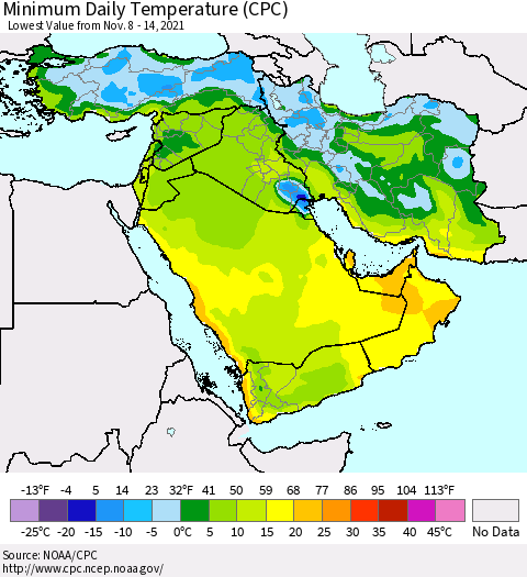 Middle East and Turkey Minimum Daily Temperature (CPC) Thematic Map For 11/8/2021 - 11/14/2021