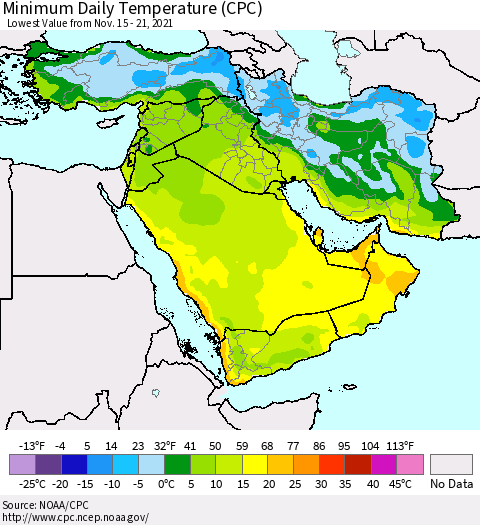 Middle East and Turkey Minimum Daily Temperature (CPC) Thematic Map For 11/15/2021 - 11/21/2021