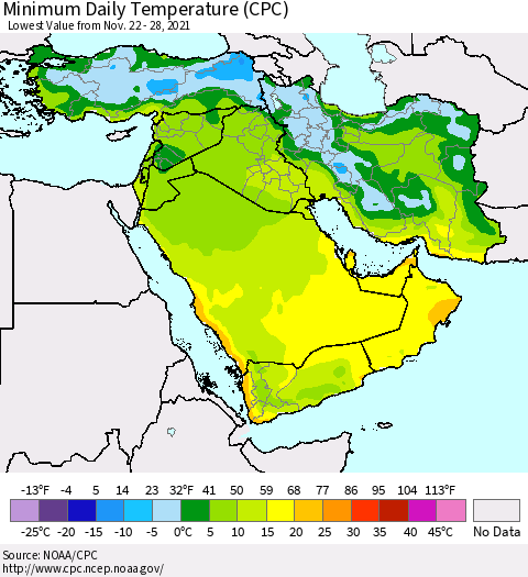 Middle East and Turkey Minimum Daily Temperature (CPC) Thematic Map For 11/22/2021 - 11/28/2021