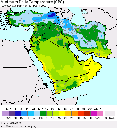 Middle East and Turkey Minimum Daily Temperature (CPC) Thematic Map For 11/29/2021 - 12/5/2021