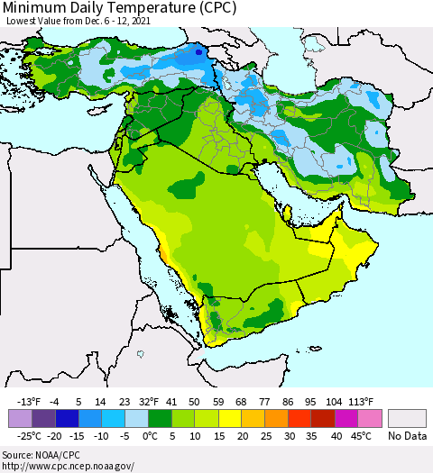 Middle East and Turkey Minimum Daily Temperature (CPC) Thematic Map For 12/6/2021 - 12/12/2021