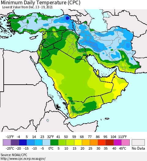 Middle East and Turkey Minimum Daily Temperature (CPC) Thematic Map For 12/13/2021 - 12/19/2021