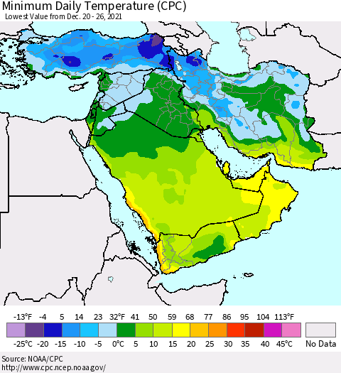 Middle East and Turkey Minimum Daily Temperature (CPC) Thematic Map For 12/20/2021 - 12/26/2021
