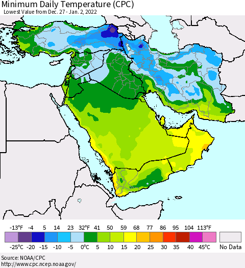 Middle East and Turkey Minimum Daily Temperature (CPC) Thematic Map For 12/27/2021 - 1/2/2022