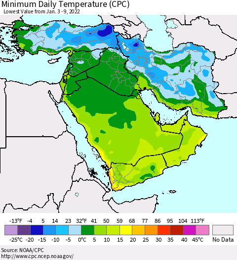 Middle East and Turkey Minimum Daily Temperature (CPC) Thematic Map For 1/3/2022 - 1/9/2022