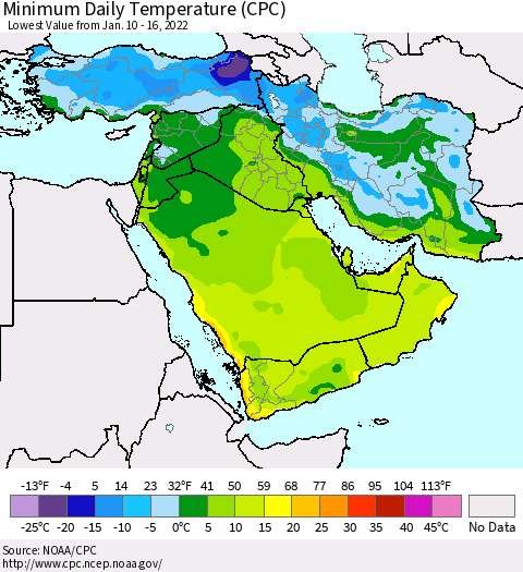 Middle East and Turkey Minimum Daily Temperature (CPC) Thematic Map For 1/10/2022 - 1/16/2022