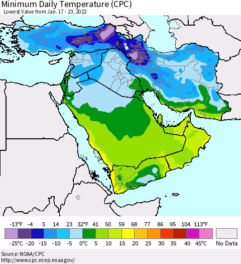 Middle East and Turkey Minimum Daily Temperature (CPC) Thematic Map For 1/17/2022 - 1/23/2022