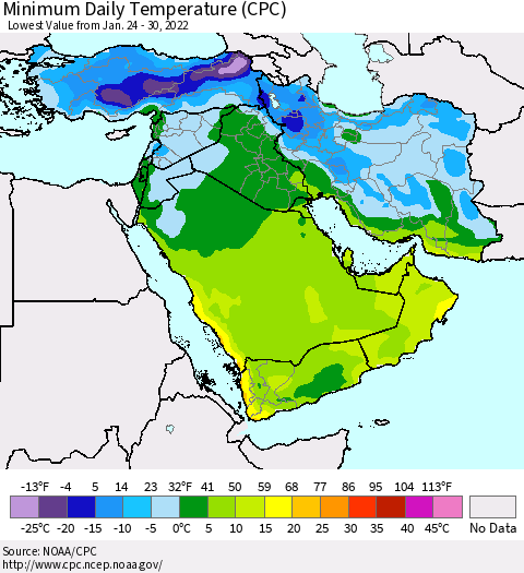 Middle East and Turkey Minimum Daily Temperature (CPC) Thematic Map For 1/24/2022 - 1/30/2022