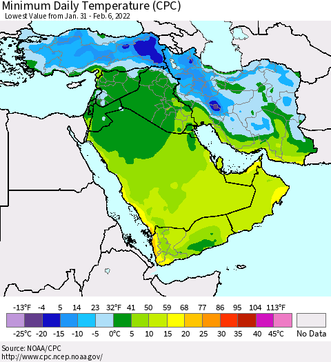 Middle East and Turkey Minimum Daily Temperature (CPC) Thematic Map For 1/31/2022 - 2/6/2022