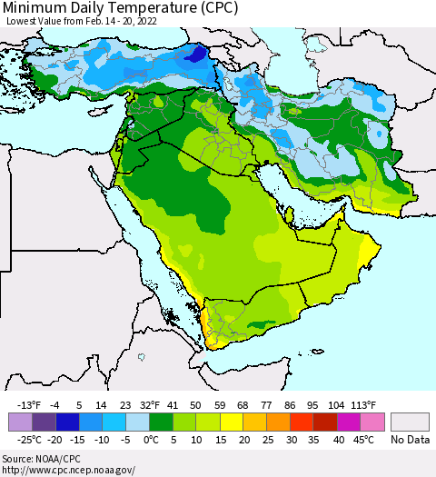 Middle East and Turkey Minimum Daily Temperature (CPC) Thematic Map For 2/14/2022 - 2/20/2022
