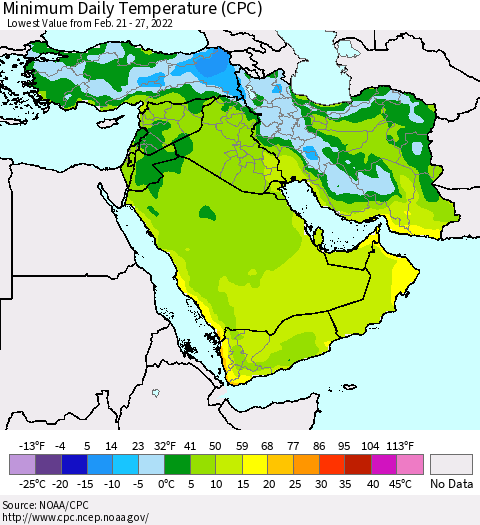 Middle East and Turkey Minimum Daily Temperature (CPC) Thematic Map For 2/21/2022 - 2/27/2022