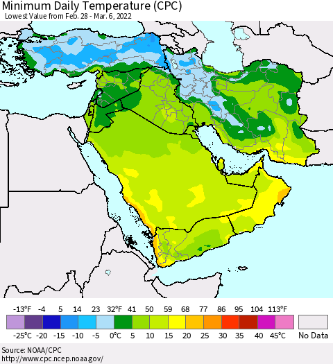 Middle East and Turkey Minimum Daily Temperature (CPC) Thematic Map For 2/28/2022 - 3/6/2022