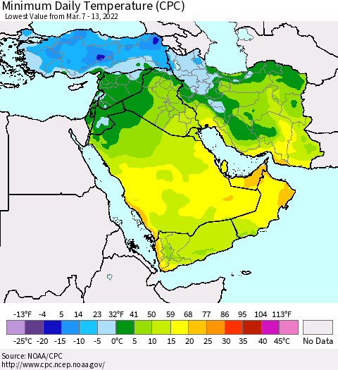 Middle East and Turkey Minimum Daily Temperature (CPC) Thematic Map For 3/7/2022 - 3/13/2022