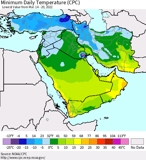 Middle East and Turkey Minimum Daily Temperature (CPC) Thematic Map For 3/14/2022 - 3/20/2022